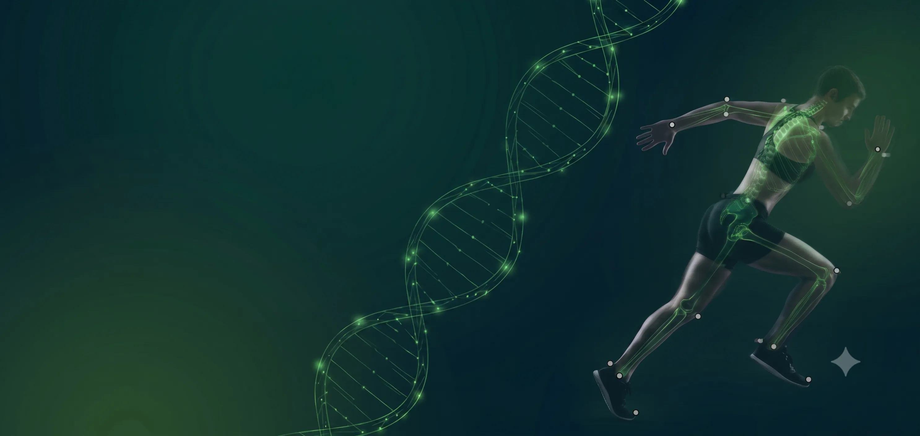Composição de dupla hélice de DNA e sobreposição biomecânica sobre atleta em corrida, representando ciência e movimento na Boese
